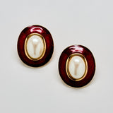 Vintage Monet Burgundy Enamel & Pearl Clip-On Earrings - Admiral Row
