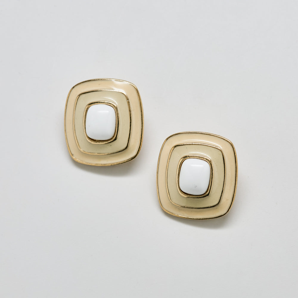 Vintage Trifari Geometric Gold, Cream and White Enamel Earrings - Admiral Row