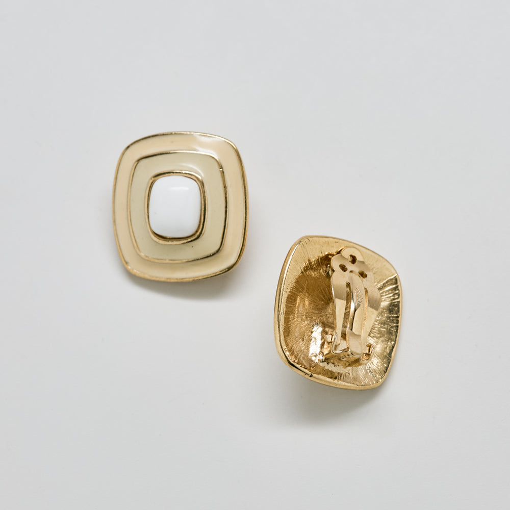 Vintage Trifari Geometric Gold, Cream and White Enamel Earrings - Admiral Row