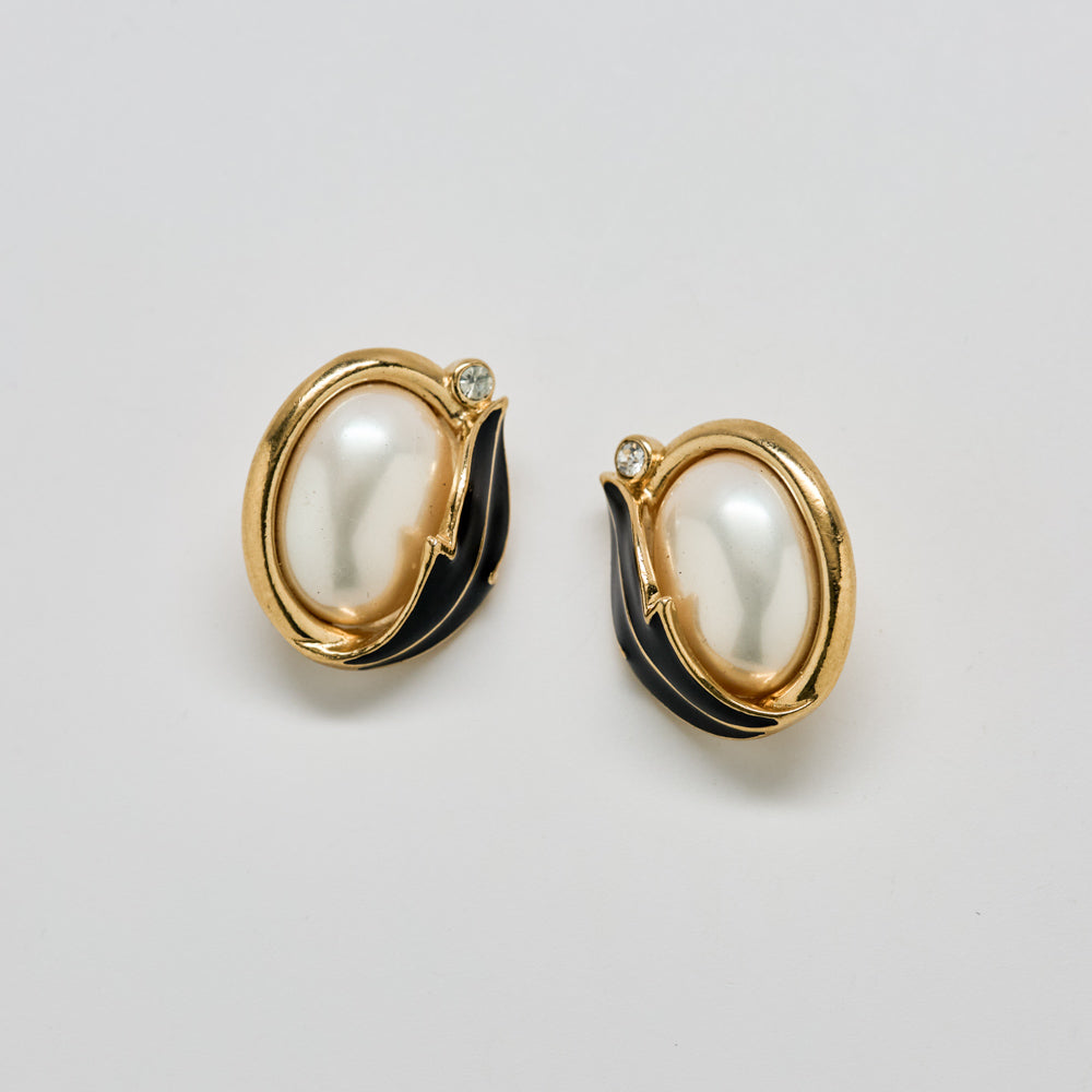 Vintage Trifari Pearl & Black Enamel Earrings - Admiral Row