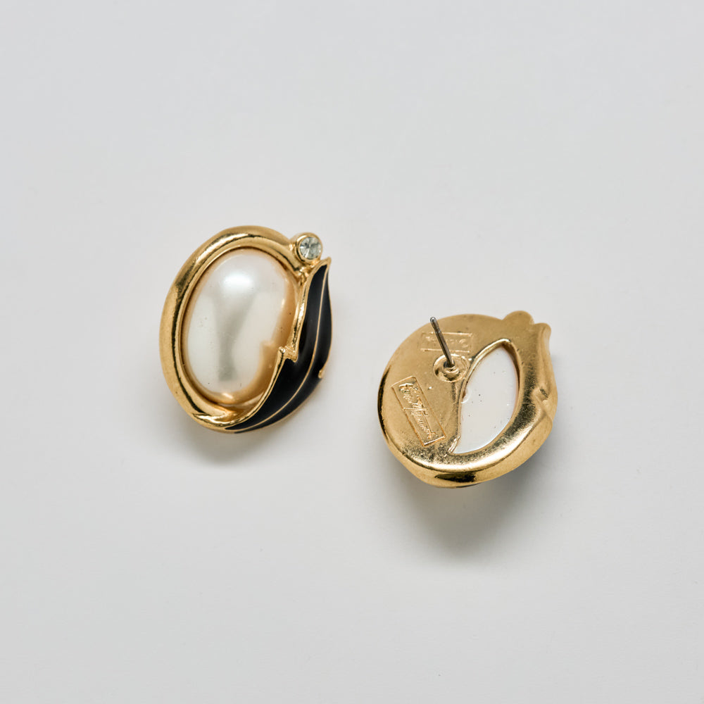 Vintage Trifari Pearl & Black Enamel Earrings - Admiral Row