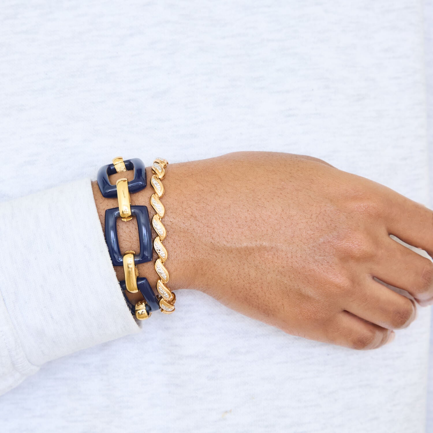 Vintage Monet Chunky Blue and Gold Bracelet - Vintage Etched Patterned Bracelet