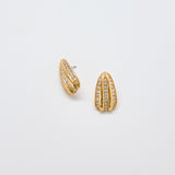 Front view of vintage JS gold-tone tapered earrings featuring vertical rows of rhinestones and sculptural design.