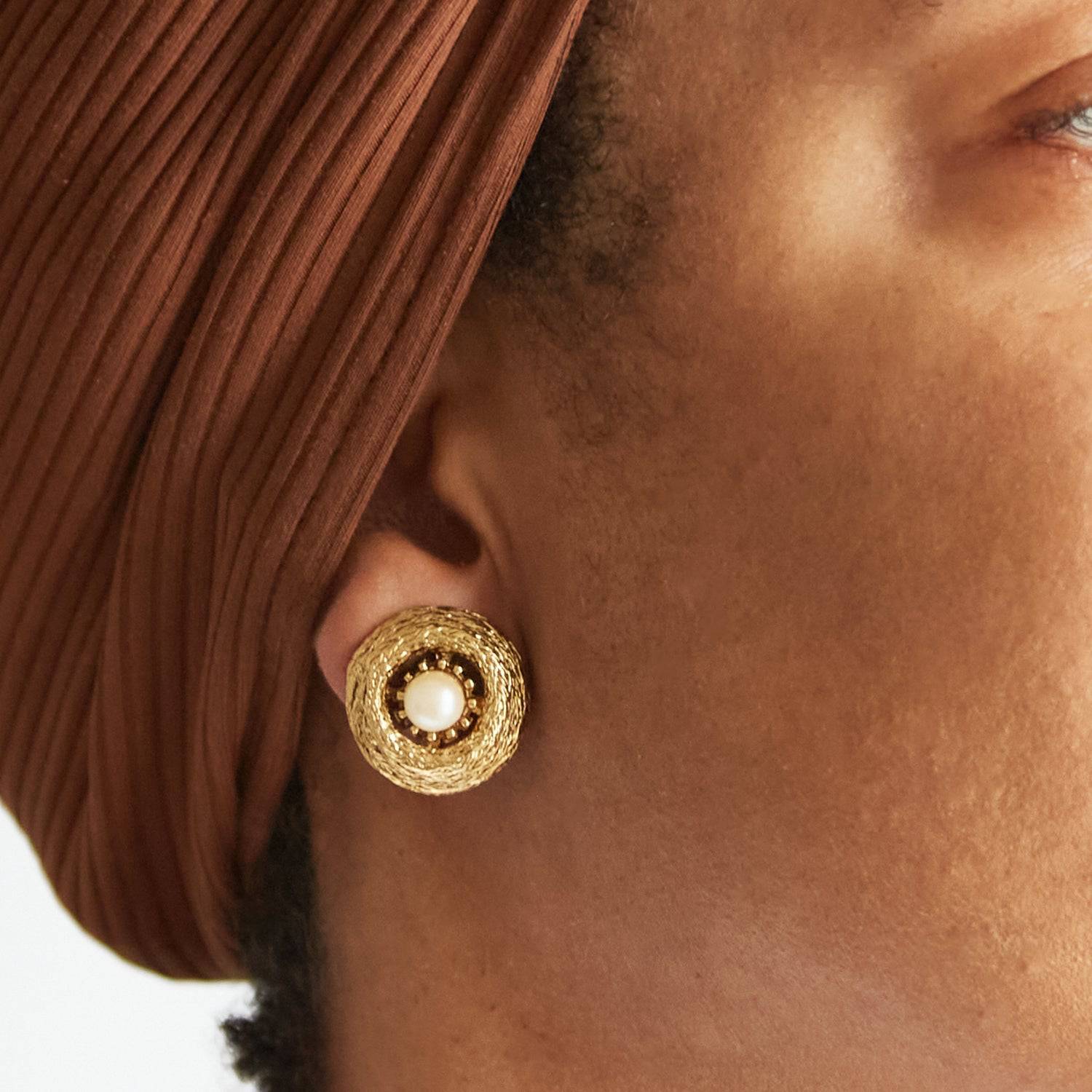 Vintage Gold and Pearl Textured Clip-on Earrings - Admiral Row