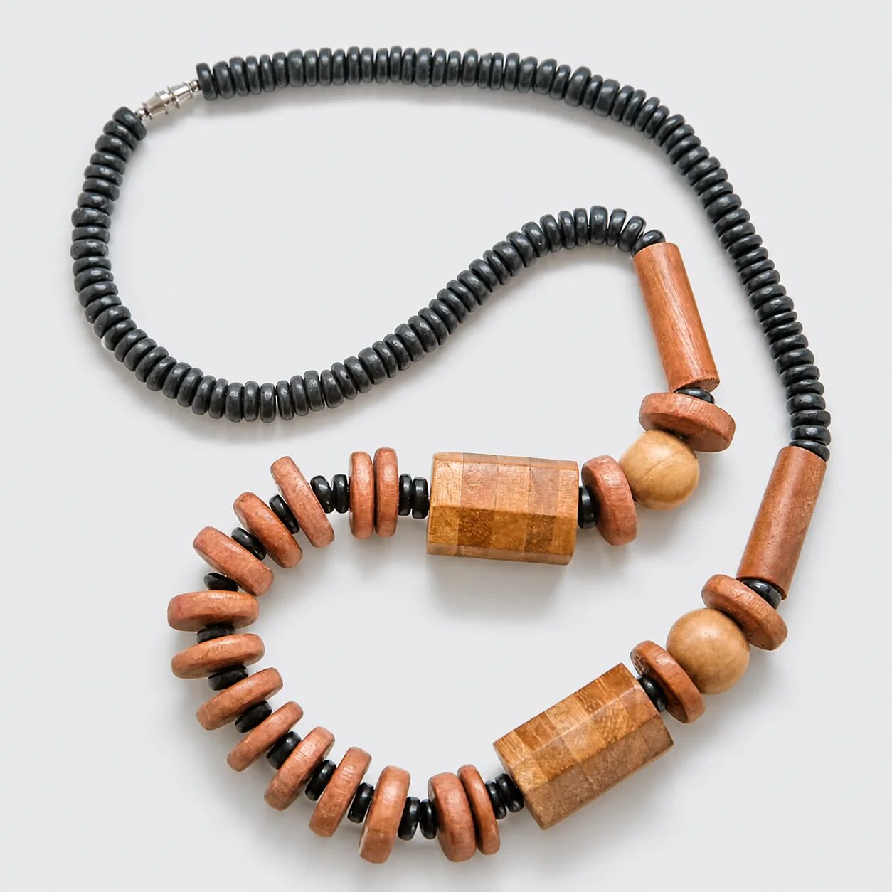 Vintage Wood and Black Disc Beaded Necklace