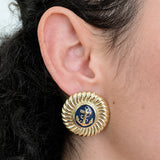 Model wearing Vintage navy and gold-tone anchor button earring, close-up