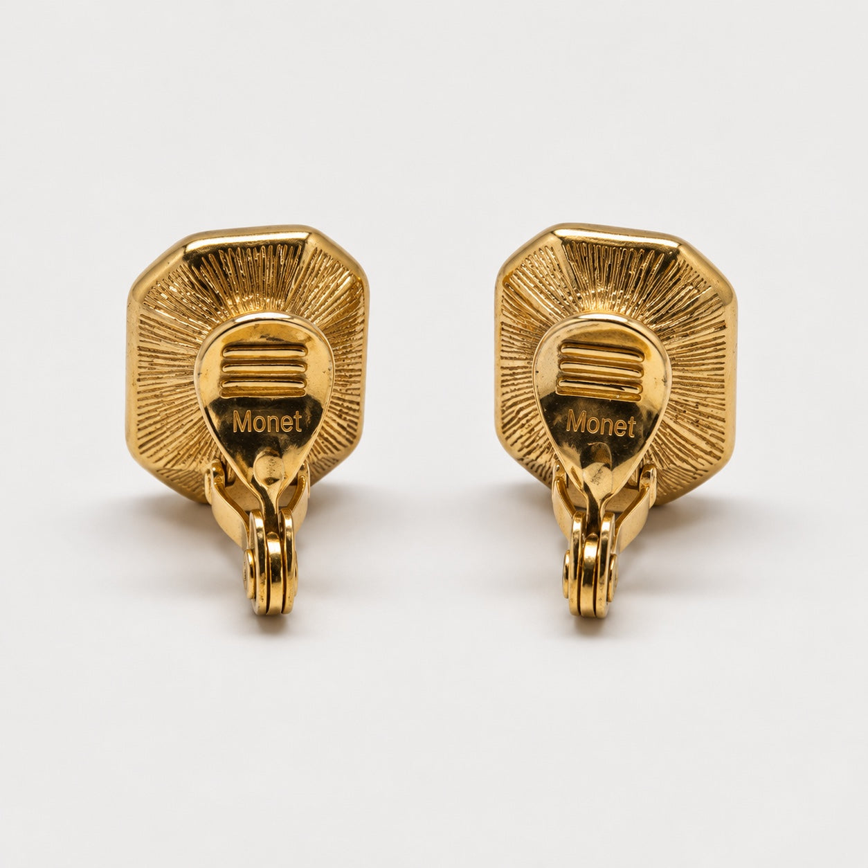 Vintage Monet Clear Rectangle Clip-On Earrings — reverse and closure view (source 2940)