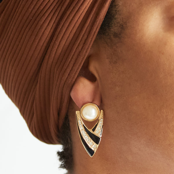 Vintage Gold, Black, and Pearl Door Knocker Earrings