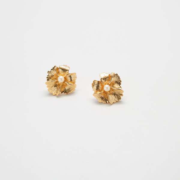 Vintage Gold and Pearl Hibiscus Earrings