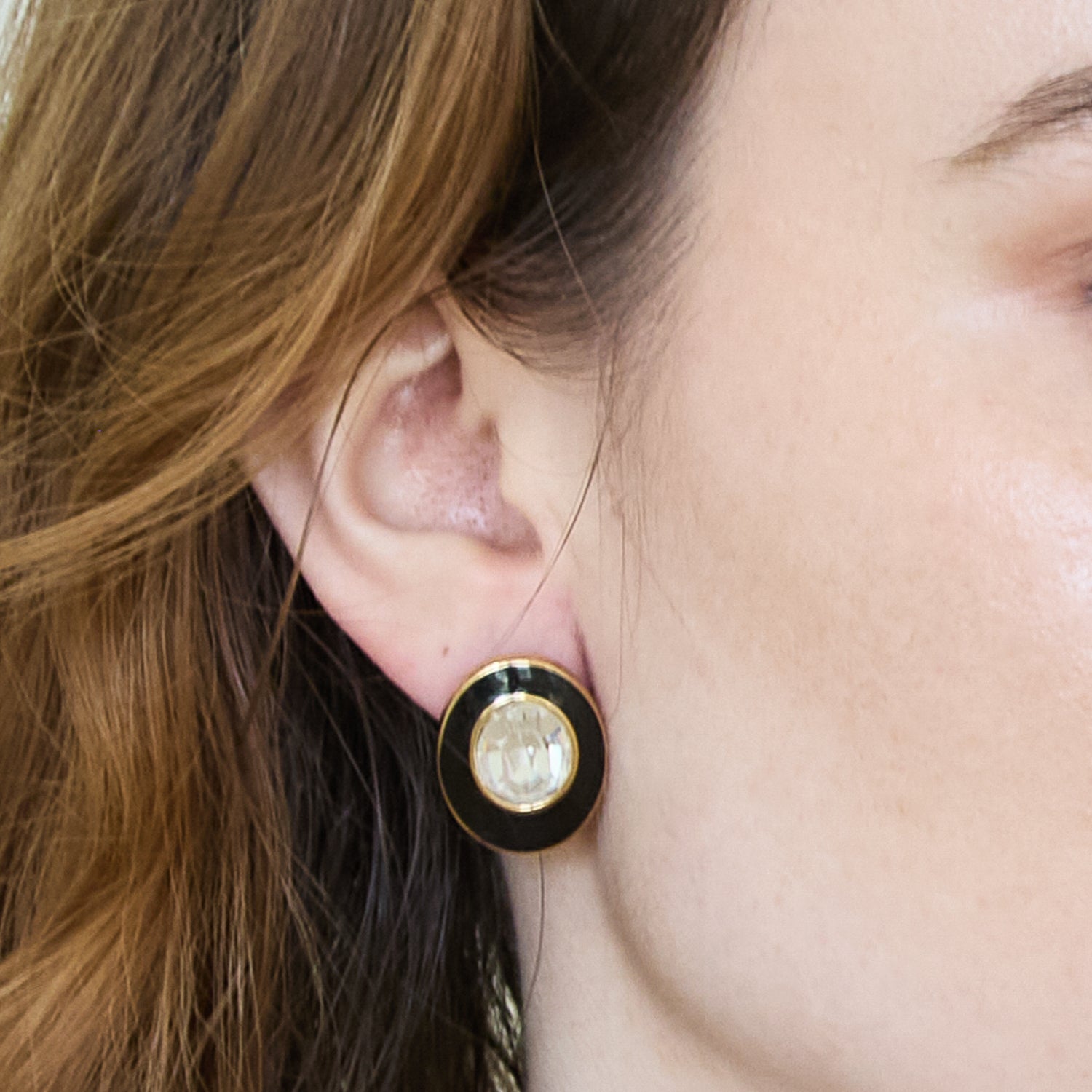 Vintage Pave Black and Gold Trifari Oval Earrings