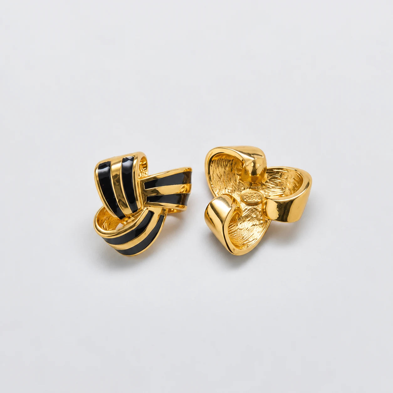 Vintage Black and Gold-Tone Ribbon Knot Earrings — front and reverse post detail