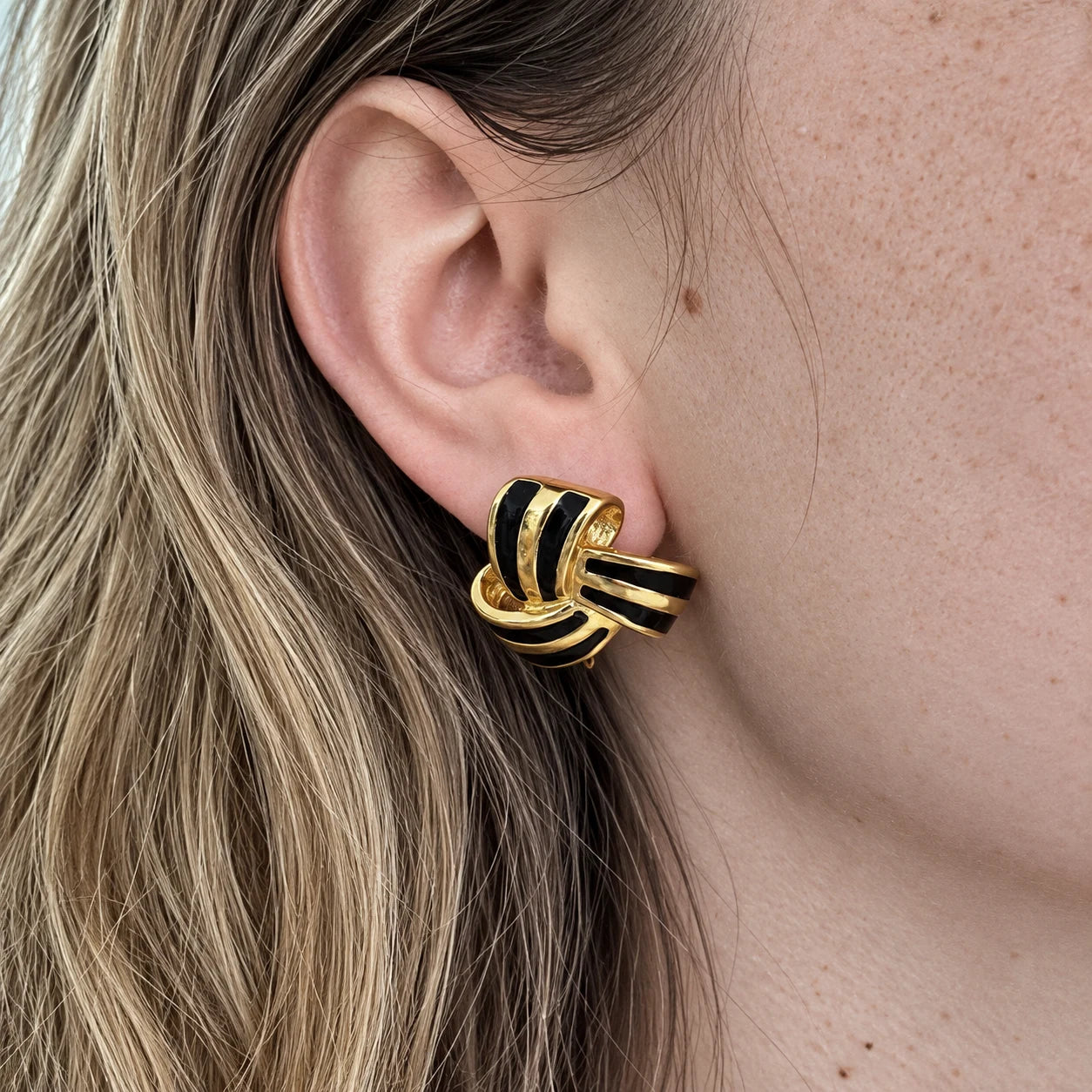 Vintage Black and Gold-Tone Ribbon Knot Earrings — worn on model