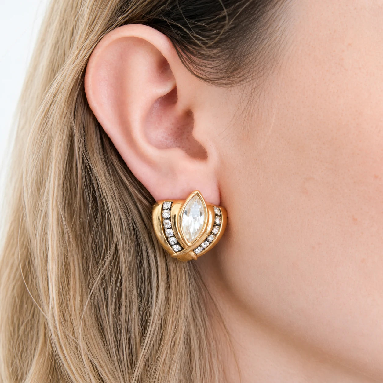 Vintage crystal marquise earrings worn on model