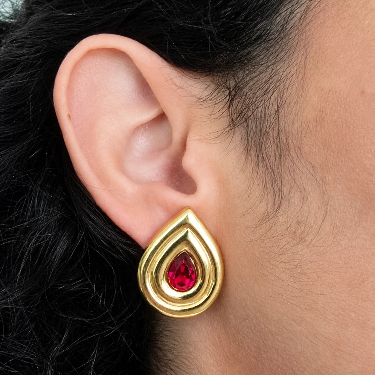 Vintage Givenchy red teardrop earrings — modeled