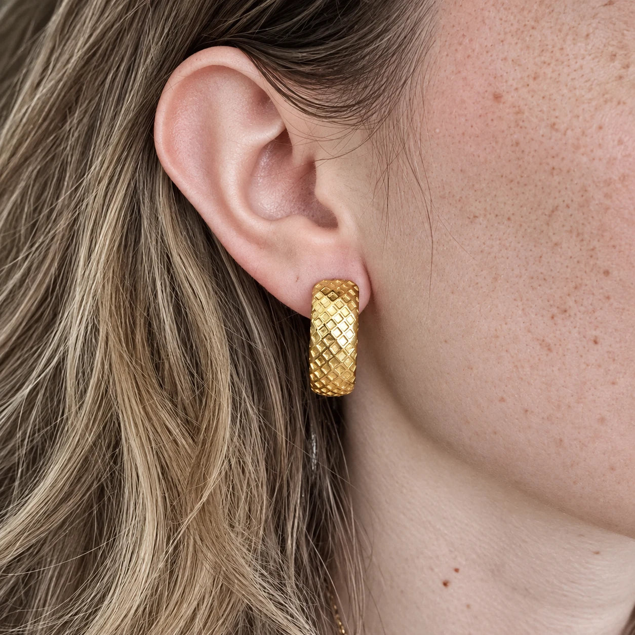 Vintage Gold-Tone Lattice Hoop Clip-On Earrings — worn on model, front view