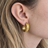 Vintage Gold-Tone Lattice Hoop Clip-On Earrings — worn on model, side view