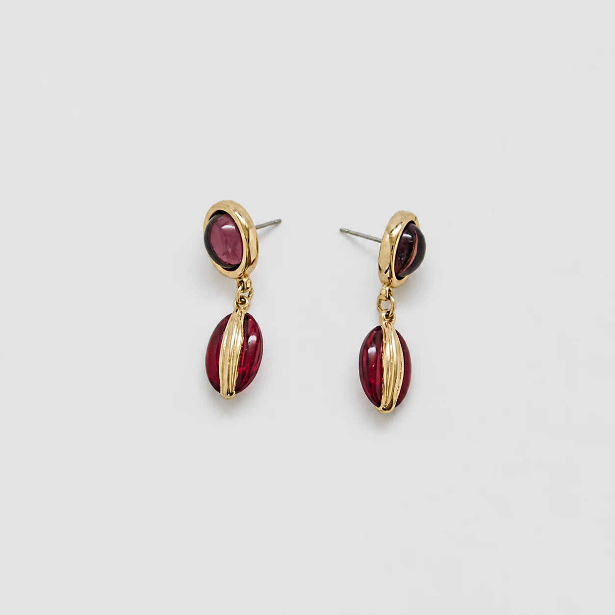 Vintage gold-tone red cabochon drop earrings — front pair