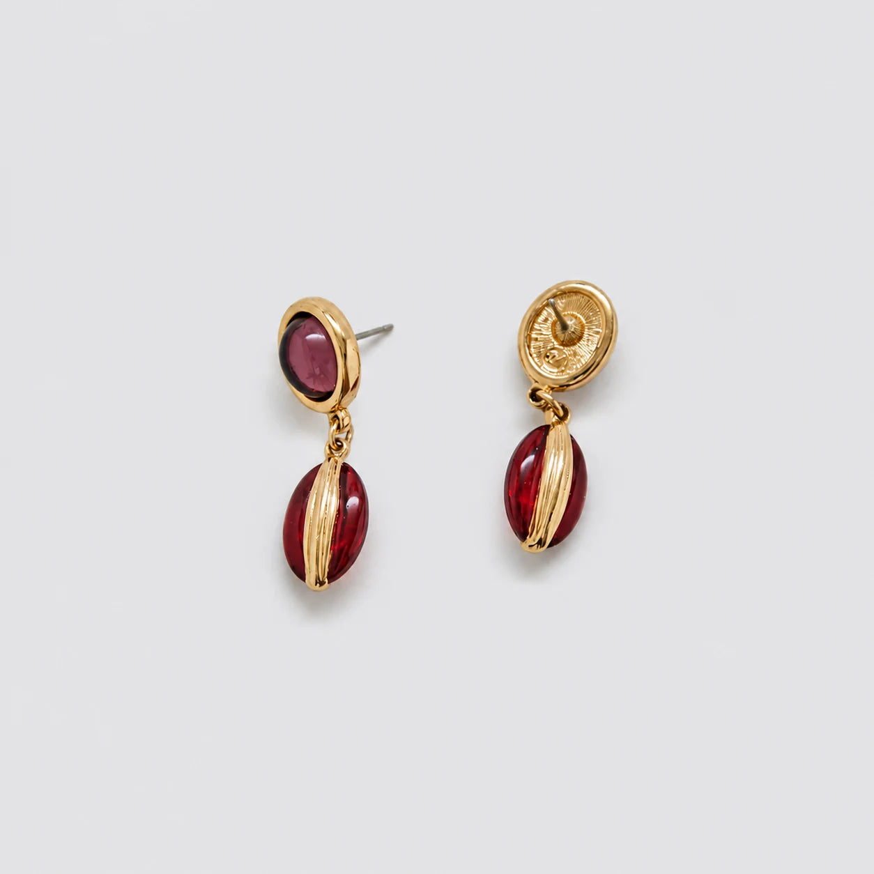 Vintage gold-tone red cabochon drop earrings — reverse and post detail