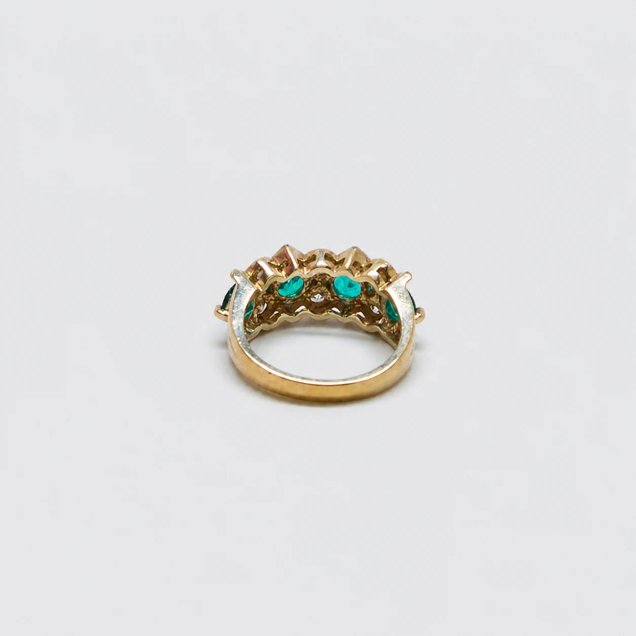 Vintage green and clear stone band ring — interior stamps