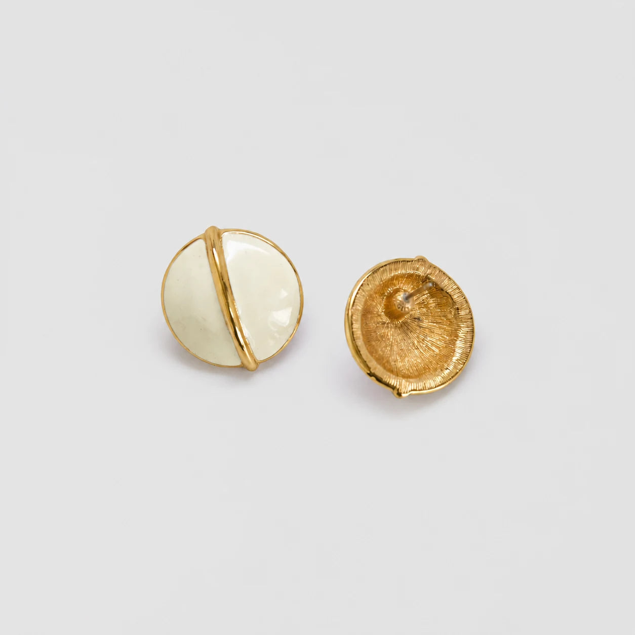 Vintage gold-tone ivory round post earrings — front and post-back detail