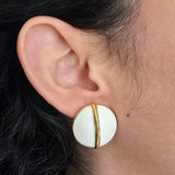 Vintage gold-tone ivory round post earrings — modeled