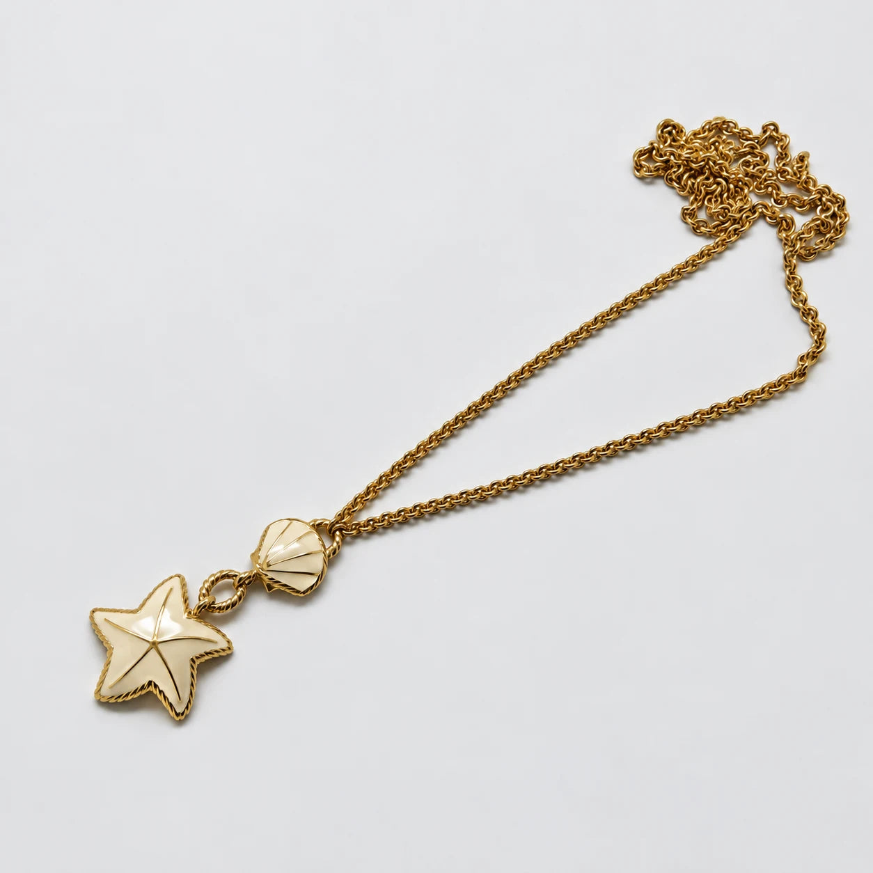 Vintage Ivory Enamel Shell and Starfish Pendant Necklace — pendant and chain overview