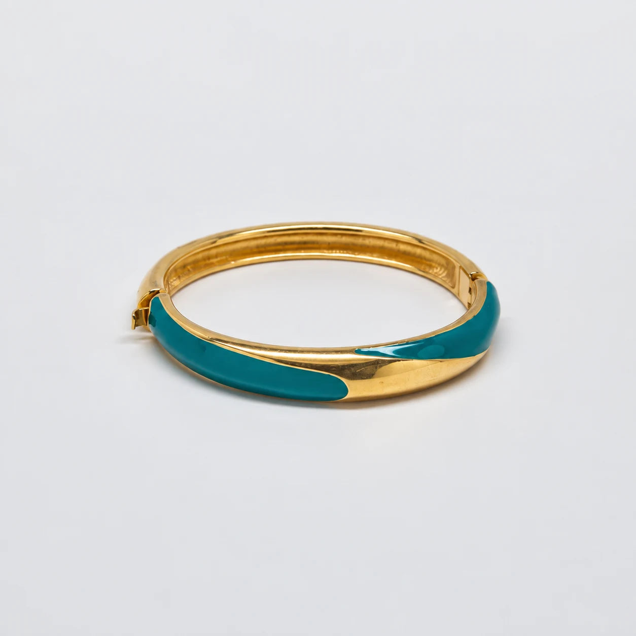 Vintage Monet Teal Enamel Hinged Bangle — closed teal enamel front