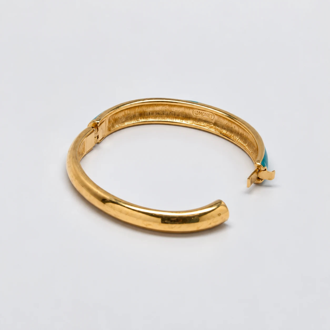 Vintage Monet Teal Enamel Hinged Bangle — reverse and Monet signature