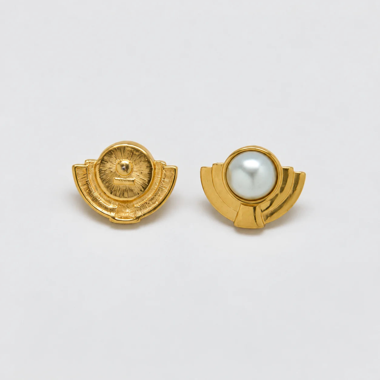 Vintage gold-tone pearl-look Deco stud earrings — front and reverse