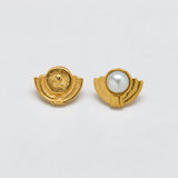 Vintage gold-tone pearl-look Deco stud earrings — front and reverse
