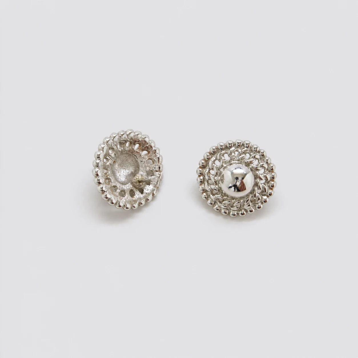 Vintage silver-tone woven dome earrings — reverse and post detail