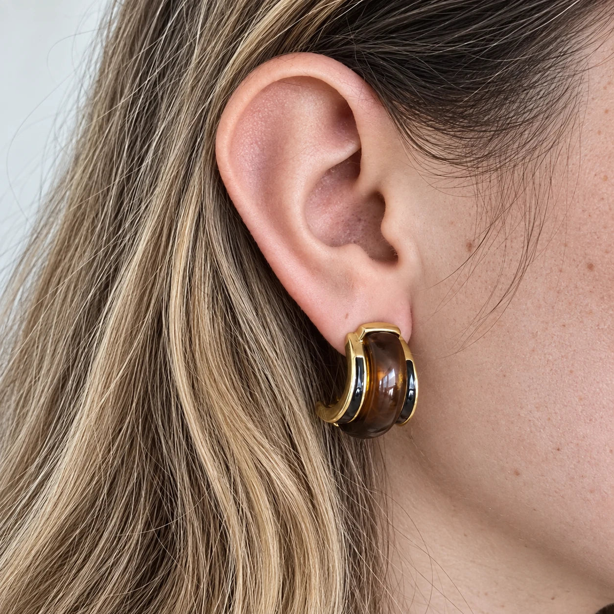 Vintage Trifari Amber and Black Earrings — worn on model