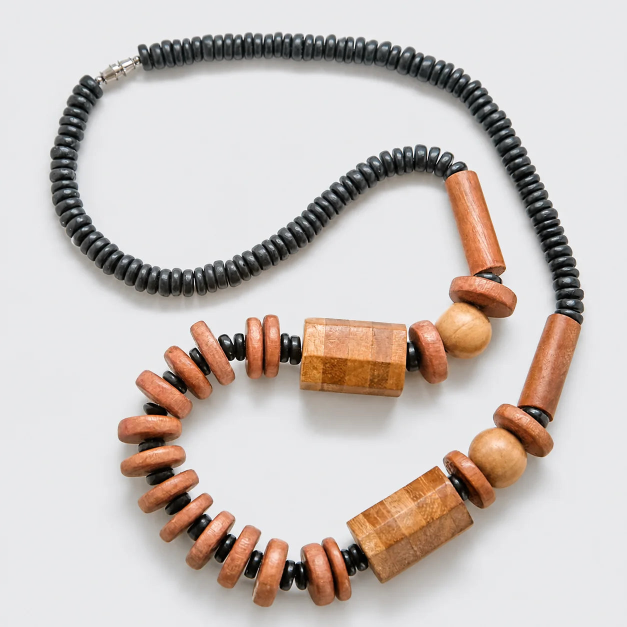 Vintage wood and black disc beaded statement necklace, front view