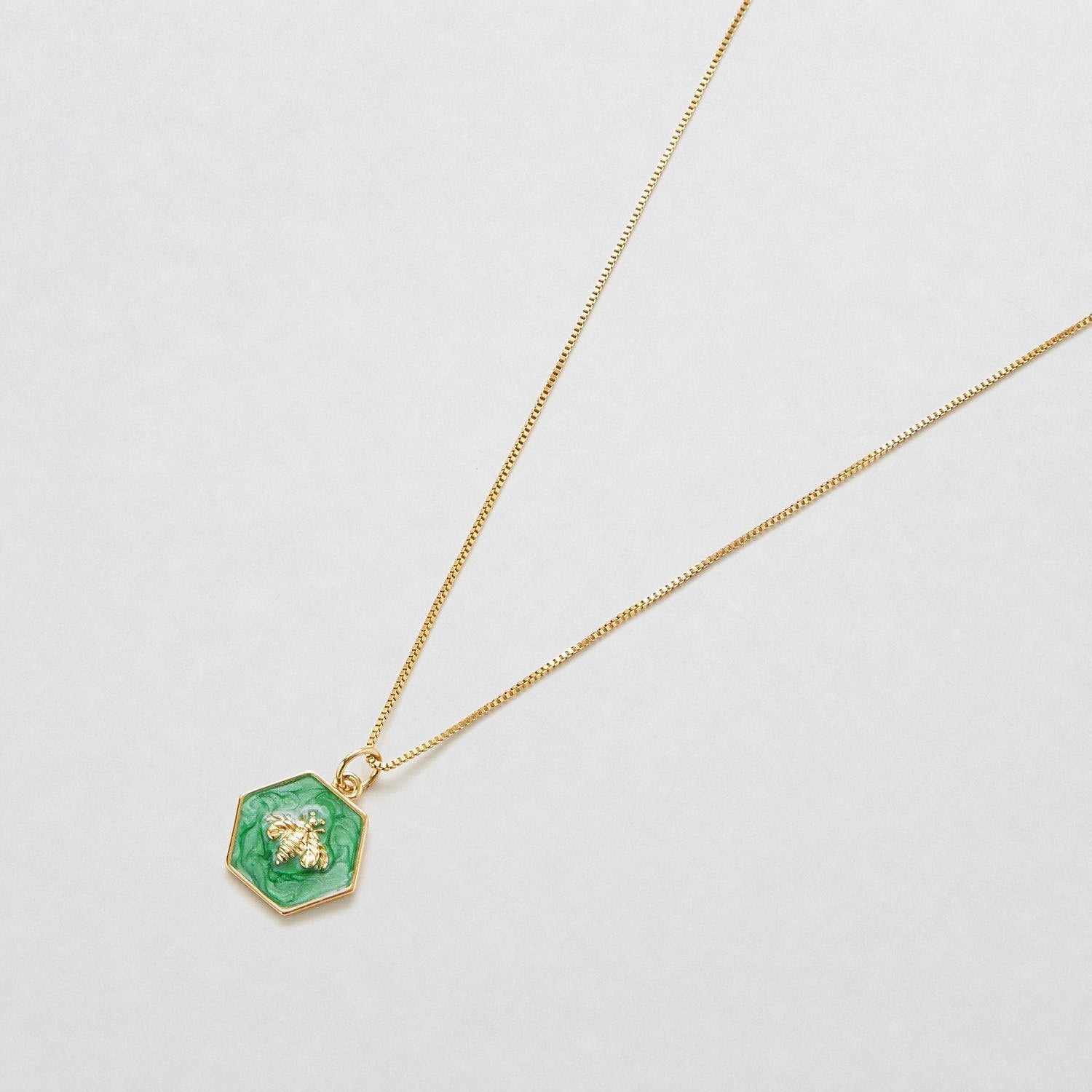 Green Hexagon Gold Bee Necklace