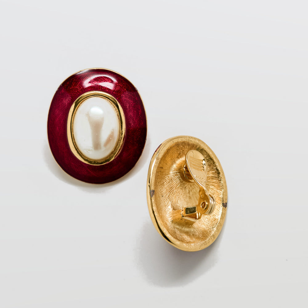 Vintage Monet Burgundy Enamel & Pearl Clip-On Earrings - Admiral Row