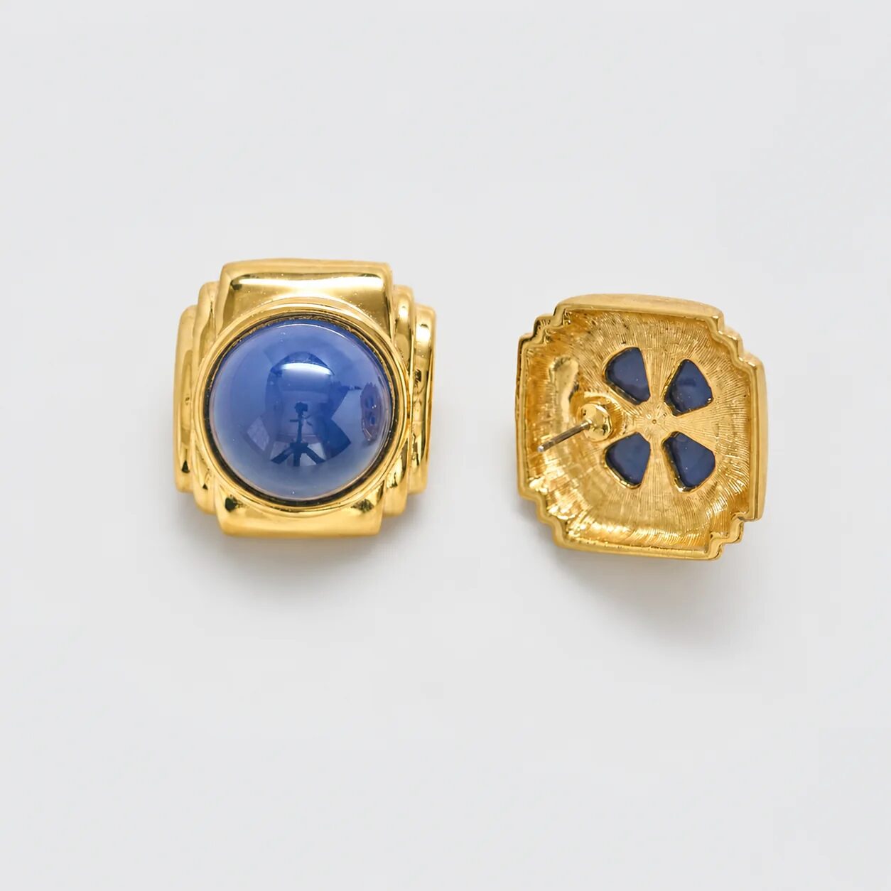 Vintage blue cabochon statement earrings, post-back detail