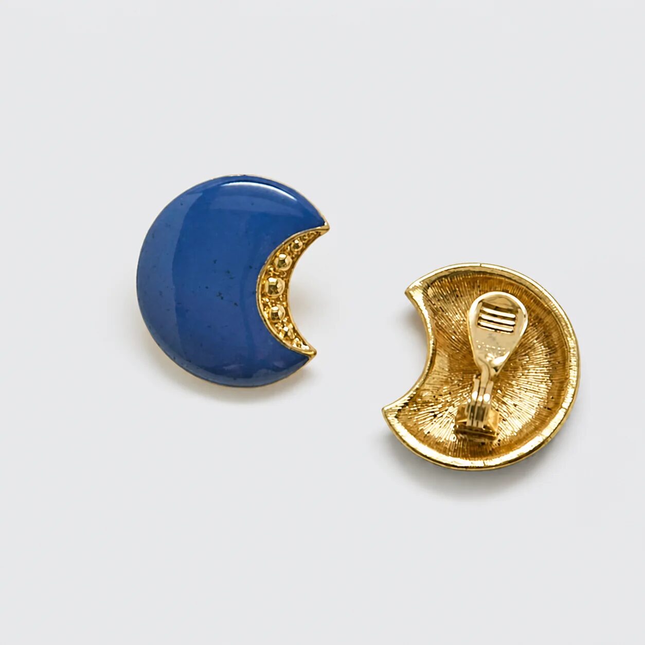 Vintage cobalt blue crescent earrings, clip-back detail