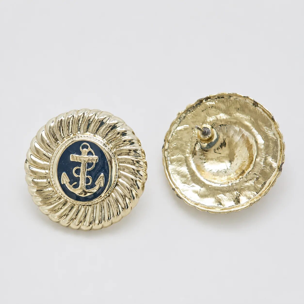 Vintage navy anchor button earrings, post-back detail