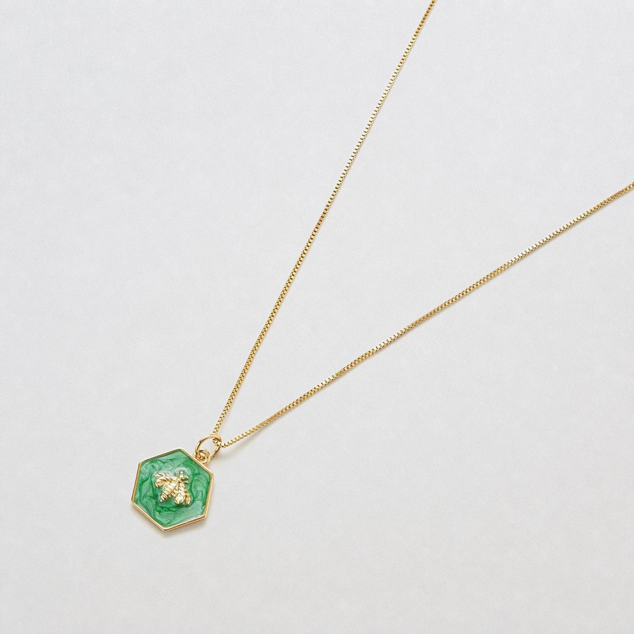 Green Hexagon Gold Bee Necklace